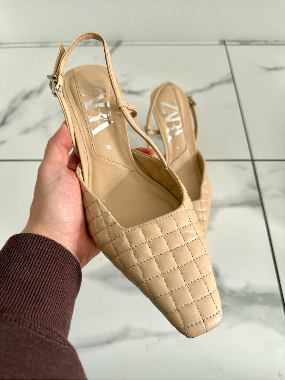 Zara Quilted Nude Slingback Pointed Flats